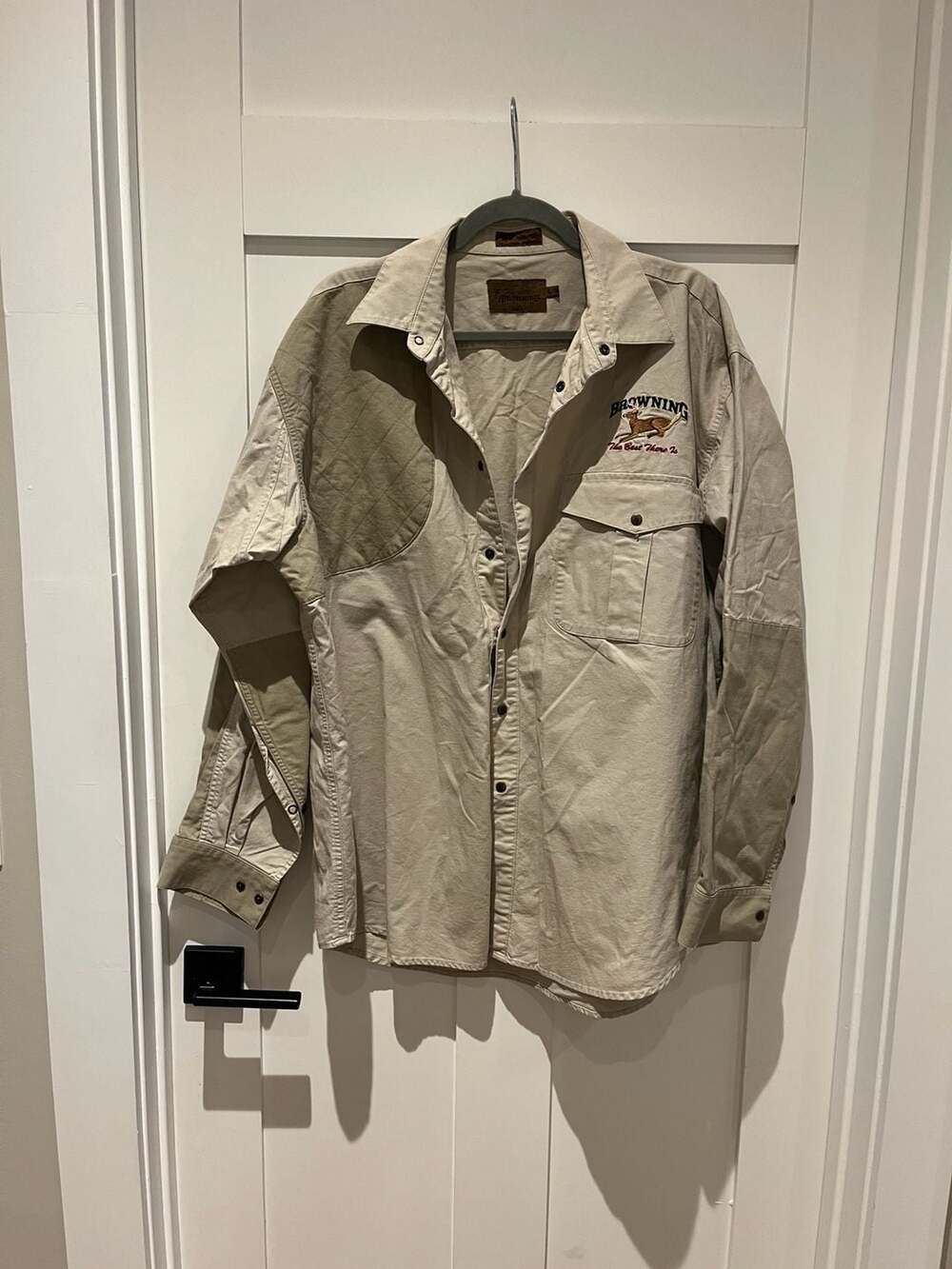 Vintage Browning Shooting Shirt XL Khaki Canvas Shoulder Pad Hunting Button Up